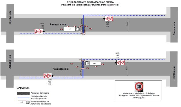 Pavasara_iela_maijs Pavasara ielas satiksmes shēma: kabeļu trases izbūve posmā Jēkaba–Skolas iela. Ātruma ierobežojums 30 km/h.