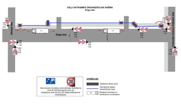 Zirgu_iela Zirgu ielas satiksmes shēma: kabeļu trases izbūve posmā Jēkaba–P. O. Kalpaka iela. Ātruma ierobežojums 30 km/h.