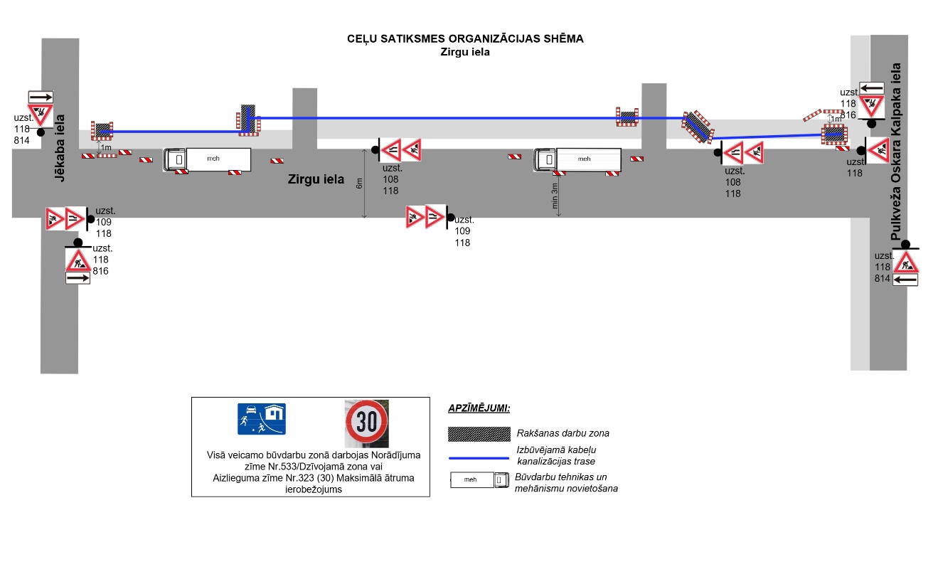 Zirgu ielas satiksmes shēma: kabeļu trases izbūve posmā Jēkaba–P. O. Kalpaka iela. Ātruma ierobežojums 30 km/h.