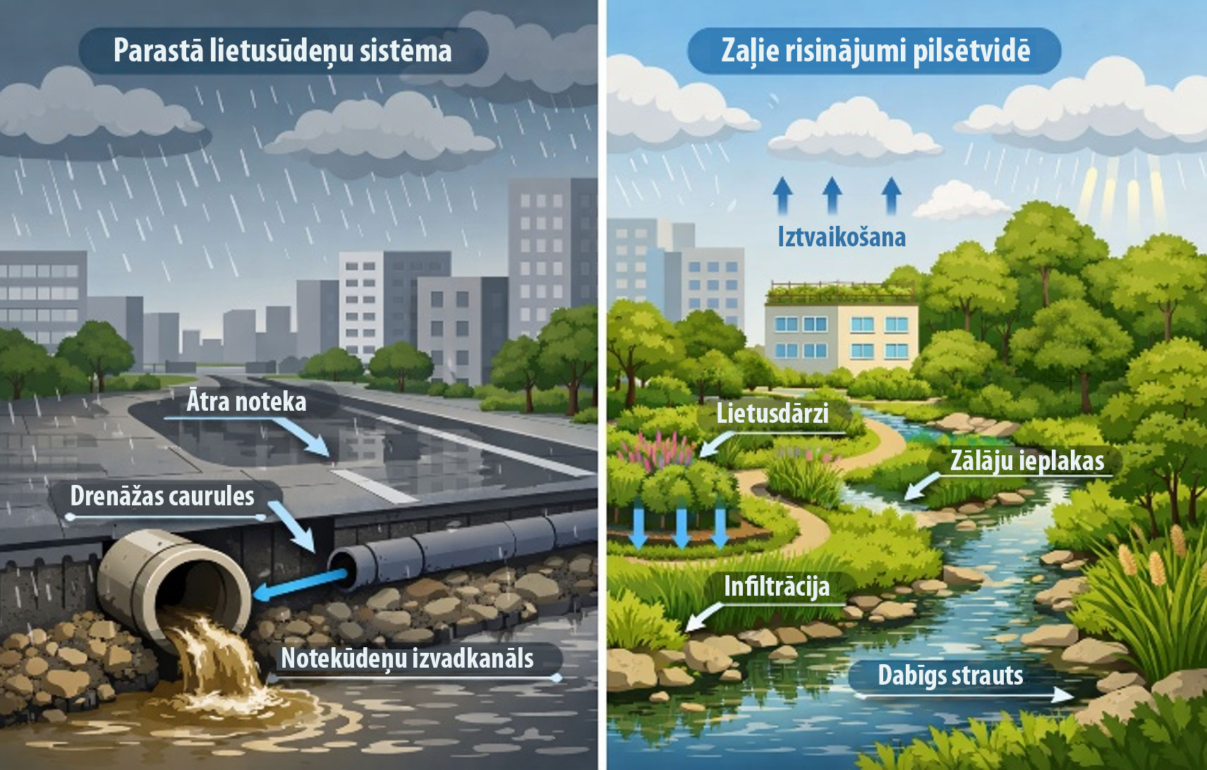 Infografika salīdzina divas lietusūdens apsaimniekošanas metodes. Kreisajā pusē – parastā sistēma: betona caurules, ātra notece un piesārņots ūdens kanālos. Labajā pusē – zaļie risinājumi: lietusdārzi, zālāju ieplakas, dabiska infiltrācija augsnē un iztvaikošana. Attēls uzskatāmi parāda pāreju no pelēkās infrastruktūras uz dabisku pilsētvidi.