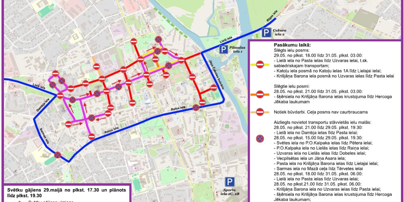 Jelgavas pilsētas svētku satiksmes ierobežojumu karte 2026. gada 28.–31. maijā. Norādīti gājiena un apbraucamie ceļi.