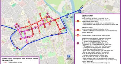 pilsetas_svetki_2026 Jelgavas pilsētas svētku satiksmes ierobežojumu karte 2026. gada 28.–31. maijā. Norādīti gājiena un apbraucamie ceļi.