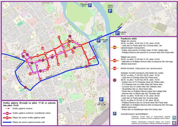 pilsetas_svetki_2026 Jelgavas pilsētas svētku satiksmes ierobežojumu karte 2026. gada 28.–31. maijā. Norādīti gājiena un apbraucamie ceļi.