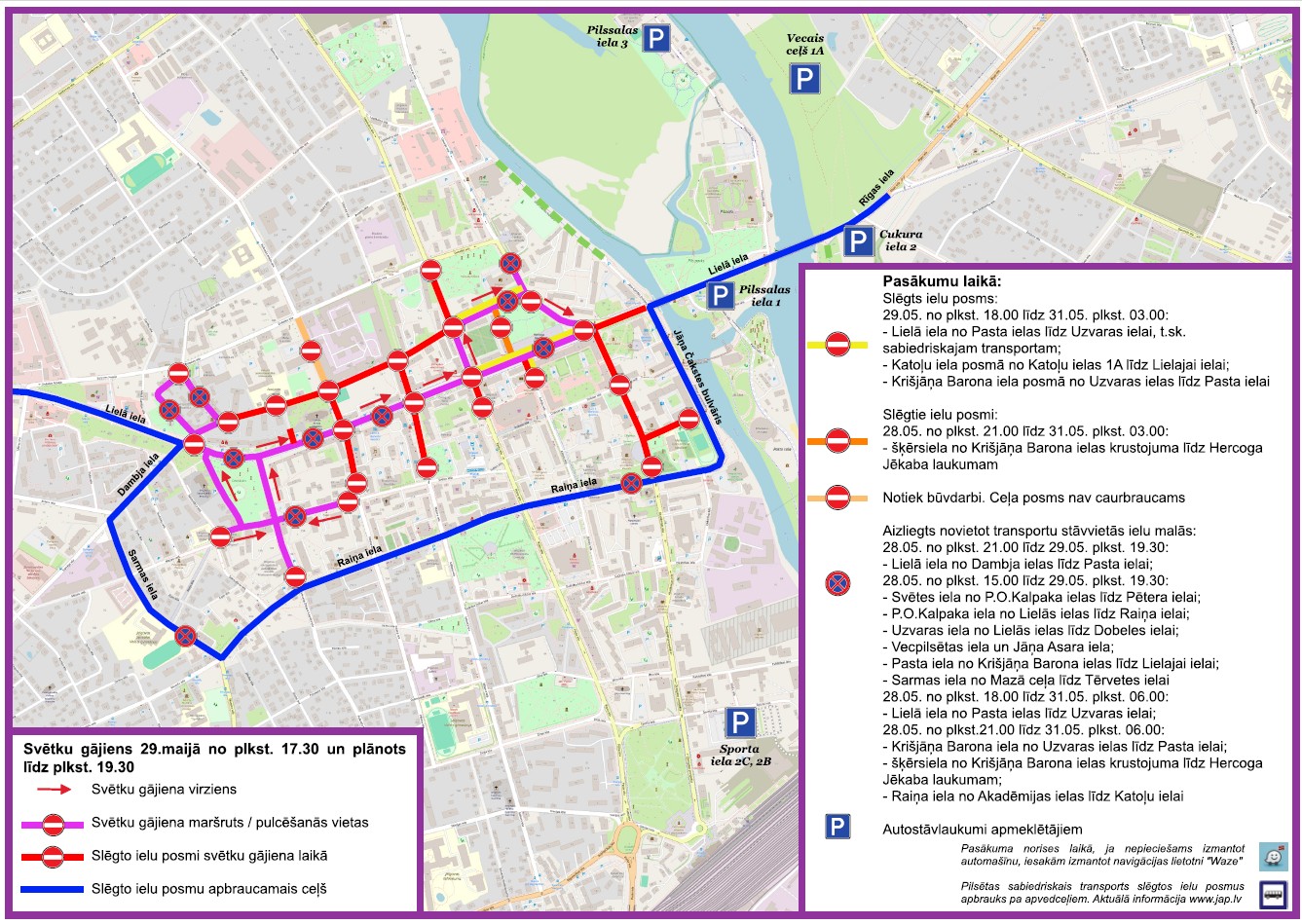 Jelgavas pilsētas svētku satiksmes ierobežojumu karte 2026. gada 28.–31. maijā. Norādīti gājiena un apbraucamie ceļi.