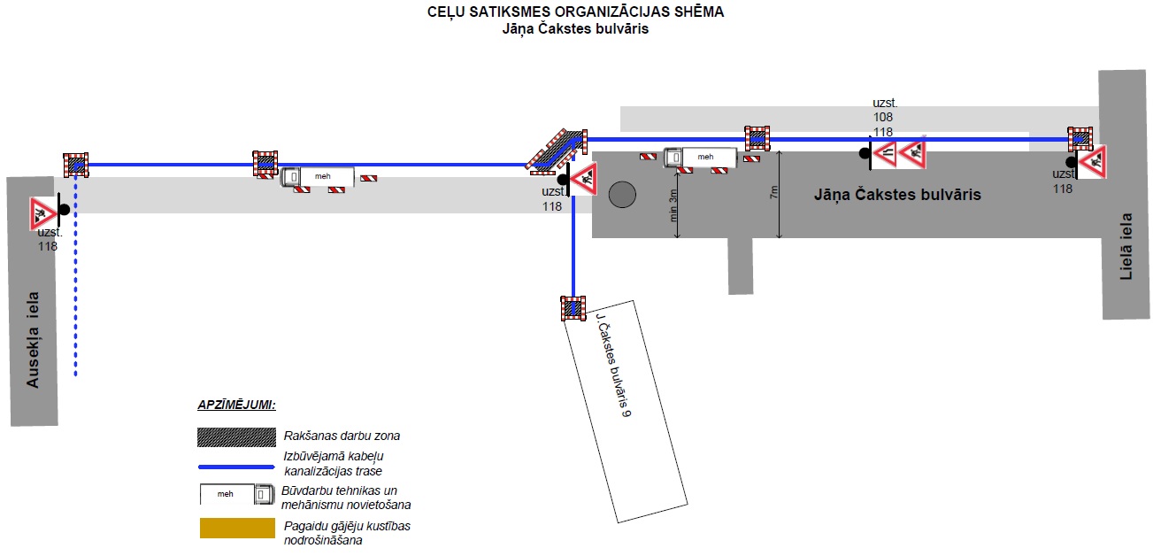 Satiksmes organizācijas shēma Jāņa Čakstes bulvārī būvdarbu un kabeļu kanalizācijas izbūves laikā.