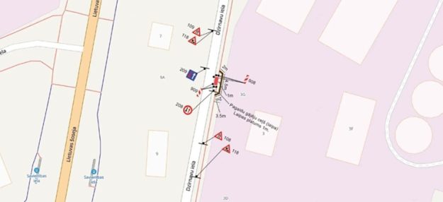 Dzirnavu_iela_small Satiksmes organizācijas shēma Dzirnavu ielā pie ēkām 9 un 9A: norādītas ceļa zīmes, būvdarbu zona, pagaidu gājēju ceļš (1 m)