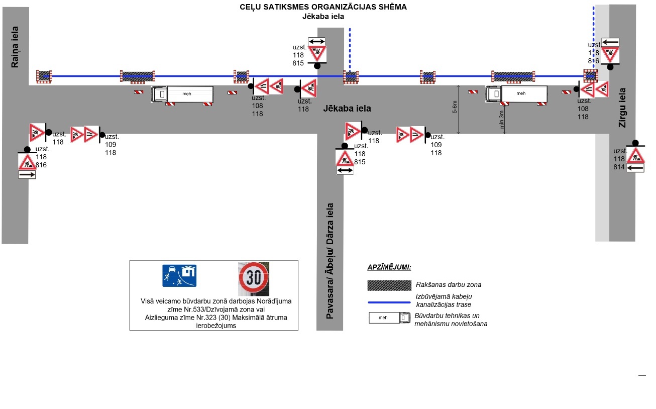 Satiksmes organizācijas shēma Jēkaba ielā kabeļu kanalizācijas izbūves un rakšanas darbu laikā.