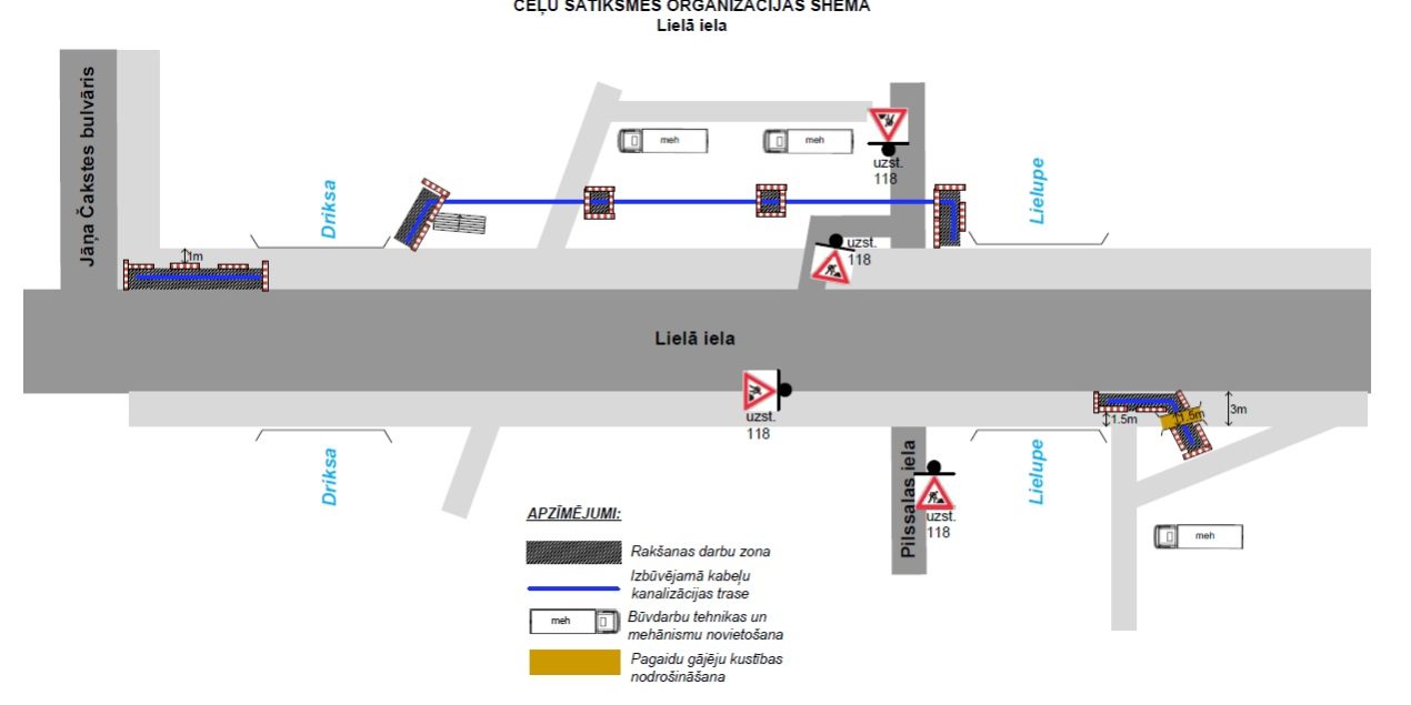 Satiksmes organizācijas shēma Lielajā ielā kabeļu kanalizācijas izbūves un rakšanas darbu laikā.