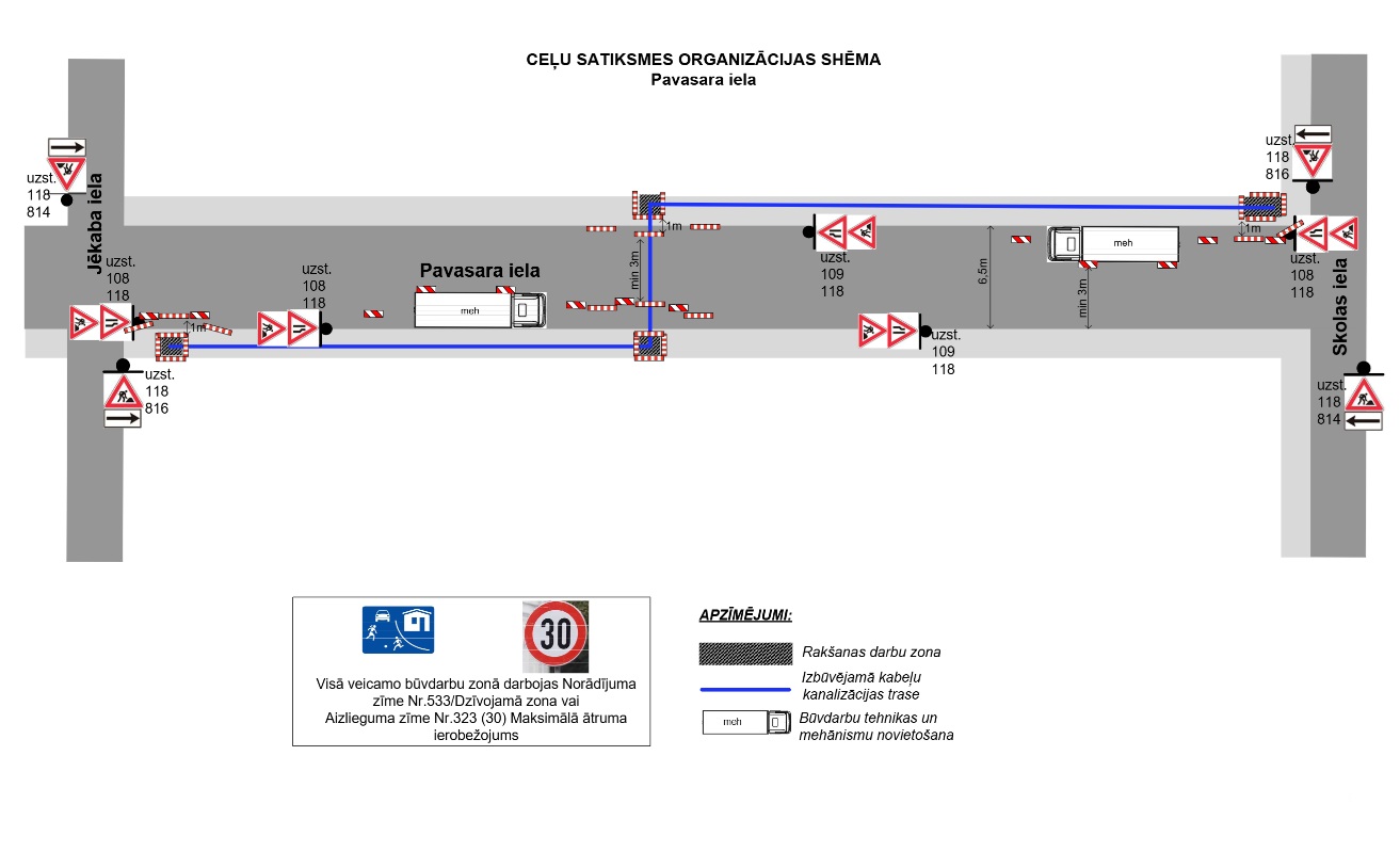 Satiksmes organizācijas shēma Jēkaba ielā kabeļu kanalizācijas izbūves un rakšanas darbu laikā.