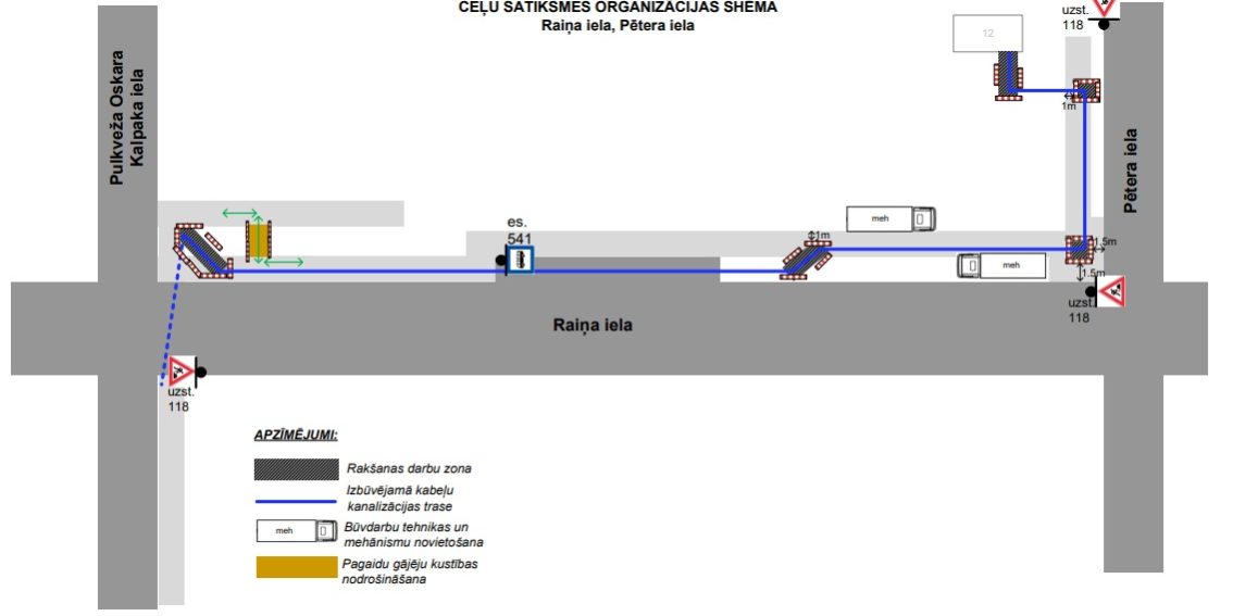 Satiksmes organizācijas shēma Raiņa un Pētera ielā kabeļu kanalizācijas izbūves un rakšanas darbu laikā.