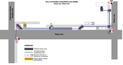 Raina_Petera Satiksmes organizācijas shēma Raiņa un Pētera ielā kabeļu kanalizācijas izbūves un rakšanas darbu laikā.