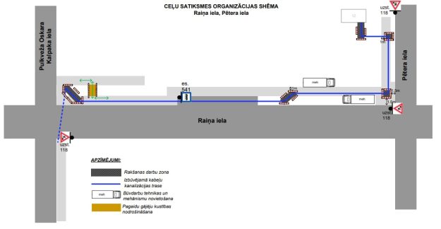 Raina_Petera Satiksmes organizācijas shēma Raiņa un Pētera ielā kabeļu kanalizācijas izbūves un rakšanas darbu laikā.