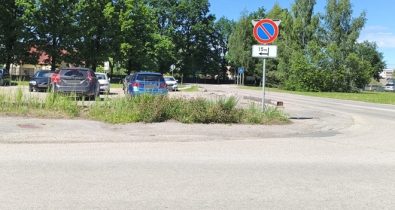 Salnas iela Ceļa zīme “Apstāties aizliegts” ar papildzīmi, kas norāda aizlieguma sākumu pēc 15 metriem pa kreisi. Fonā redzama autostāvvieta, koki un ceļš.