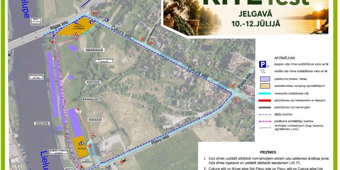 Satiksmes organizācijas shēma festivalam "RITE fest" Jelgavā, Cukura un Pļavu ielas apkārtnē, ar norādītām norises vietām, stāvlaukumiem un satiksmes ierobežojumiem.