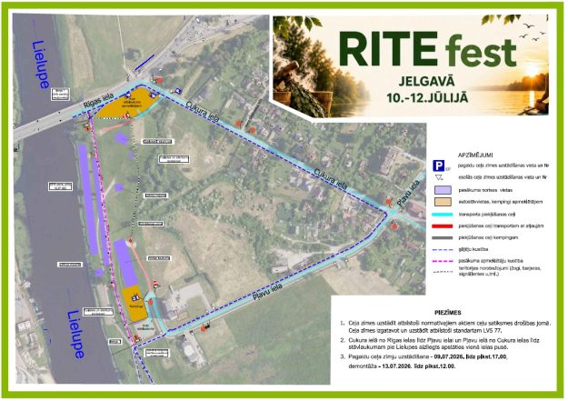 shema_festivalam Satiksmes organizācijas shēma festivalam "RITE fest" Jelgavā, Cukura un Pļavu ielas apkārtnē, ar norādītām norises vietām, stāvlaukumiem un satiksmes ierobežojumiem.