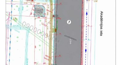 Akademijas_iela Būvniecības plāns ēkai pie Lielās un Akadēmijas ielām Jelgavā, rādot gājēju kustības virzienus.