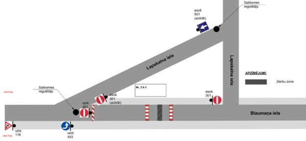 BLAUMANA_iela_small Ceļu satiksmes organizācijas shēma Blaumaņa ielā: darbu zona, satiksmes regulētāji, zīmes “Iebraukt aizliegts”, “Apbraukt pa labi” un slēgta satiksme Blaumaņa ielā.
