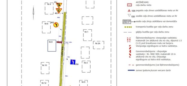 Lacu_iela_small Satiksmes organizācijas shēma Lāču ielā: ceļa darbi, zīmes 801, 802, 109, 118 un 209. Norobežojumi gar darbu zonu, gājēju pārvietošana pa malu.