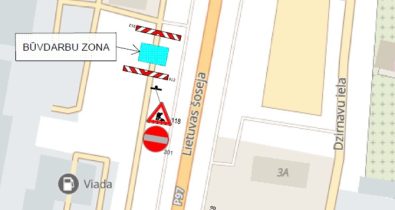 Lietuvas-soseja_small Satiksmes organizācijas shēma būvdarbiem Lietuvas šosejā pie pieslēguma uz Viada. Apzīmēta būvdarbu zona, uzstādītas ceļa zīmes Nr. 118 “Citi bīstami apstākļi”, Nr. 301 “Iebraukt aizliegts” un norobežojošās barjeras.