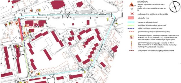 Māras_iela_small Satiksmes organizācijas shēma Māras ielā. Ceļa darbu zona Māras ielā. Satiksme organizēta ar pagaidu brīdinājuma, ātruma ierobežojuma, priekšrocības un apbraukšanas ceļa zīmēm, nodrošinot piekļuvi un gājēju kustību.