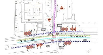 Pernavas_iela_small Satiksmes organizācijas shēma Loka maģistrāles un Pērnavas ielas krustojumā: Pērnavas ielā uzstādītas pagaidu ceļa zīmes Nr. 118, 849 un 326, aizliegta apstāšanās un stāvēšana, norādītas gājēju un transporta kustības, darbu zona un piekļuve objektiem.