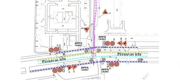 Pernavas_iela_small Satiksmes organizācijas shēma Loka maģistrāles un Pērnavas ielas krustojumā: Pērnavas ielā uzstādītas pagaidu ceļa zīmes Nr. 118, 849 un 326, aizliegta apstāšanās un stāvēšana, norādītas gājēju un transporta kustības, darbu zona un piekļuve objektiem.