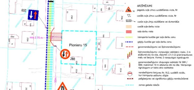 Pionieru_iela_small Satiksmes organizācijas shēma Pionieru ielā ar pagaidu ceļa zīmēm. Attēlotas ceļa darbu, sašaurinājuma, priekšrocības pretimbraucošajiem un citu darbu zonas, gājēju maršruts un darba vieta.