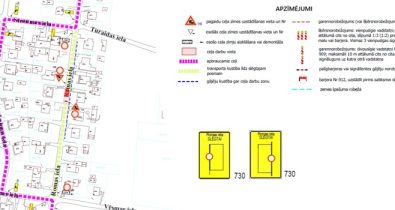 ROMAS_IELA_small Satiksmes organizācijas shēma Romas ielā ar pagaidu ceļa zīmēm: “Ceļa darbi”, “Dodiet ceļu”, aizliegts braukt (iebraukt aizliegts) un informatīvajām zīmēm “Romas iela slēgta”. Norādīti apbraucamie ceļi, darba zona un gājēju kustība.