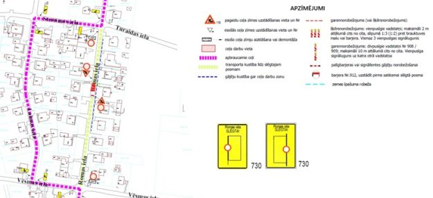 ROMAS_IELA_small Satiksmes organizācijas shēma Romas ielā ar pagaidu ceļa zīmēm: “Ceļa darbi”, “Dodiet ceļu”, aizliegts braukt (iebraukt aizliegts) un informatīvajām zīmēm “Romas iela slēgta”. Norādīti apbraucamie ceļi, darba zona un gājēju kustība.