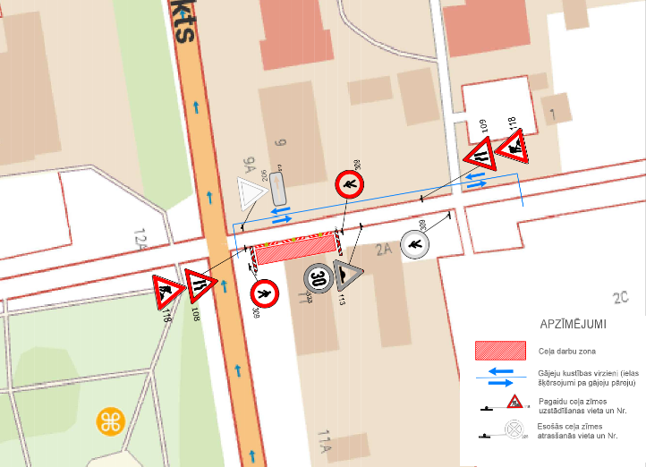 Satiksmes organizācijas shēma Sporta ielas un Zemgales prospekta krustojumā: ceļa darbu zona, ātruma ierobežojums 30 km/h, gājēju apvedceļš un pagaidu ceļa zīmes abos virzienos.