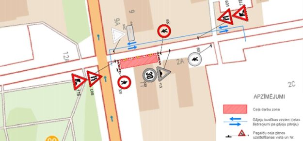 SPORTA_iela_small Satiksmes organizācijas shēma Sporta ielas un Zemgales prospekta krustojumā: ceļa darbu zona, ātruma ierobežojums 30 km/h, gājēju apvedceļš un pagaidu ceļa zīmes abos virzienos.