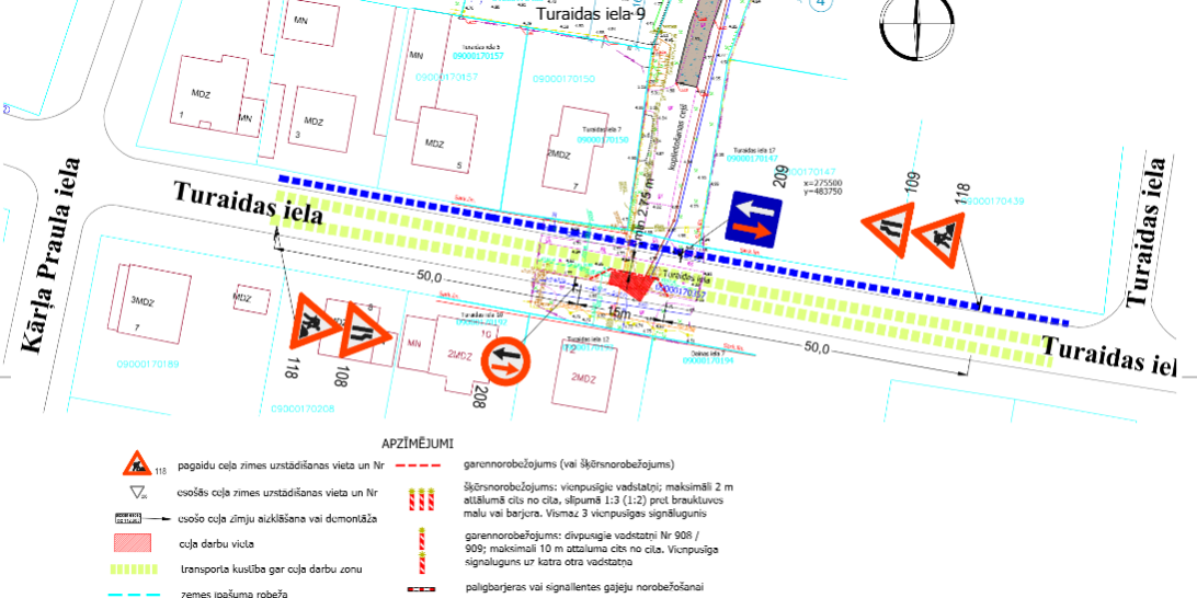 Satiksmes organizācijas plāns Turaidas ielā ceļa darbu laikā ar pagaidu zīmju izvietojumu un apzīmējumu leģendu.