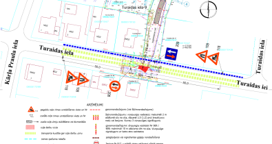 Turaidas_iela Satiksmes organizācijas plāns Turaidas ielā ceļa darbu laikā ar pagaidu zīmju izvietojumu un apzīmējumu leģendu.