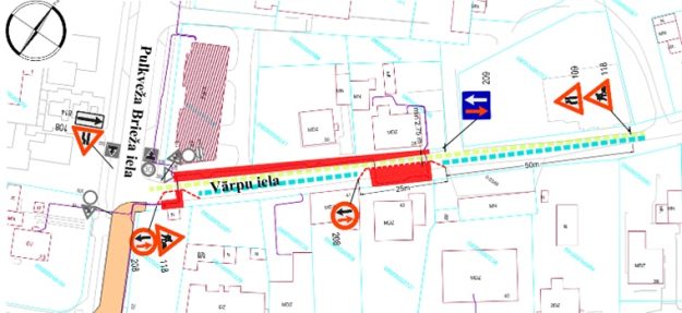 Vārpu_iela_small Satiksmes organizācijas shēma Vārpu ielā posmā starp Pulkveža Brieža ielu un Viestura ielu ar ceļa darbu zonu, pagaidu ceļa zīmēm, satiksmes ierobežojumiem un gājēju kustības organizāciju.