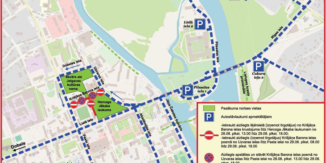Piena, maizes un medus svētku karte Jelgavā: norises vietas, stāvlaukumi un satiksmes ierobežojumi 29.08.2026.