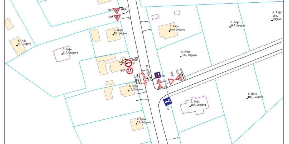 Satiksmes organizēšanas shēma ŪK būvdarbiem Jelgavā, 6. līnijā 18G, ar ceļa zīmēm un ierobežojumu zonu gar māju īpašumiem.