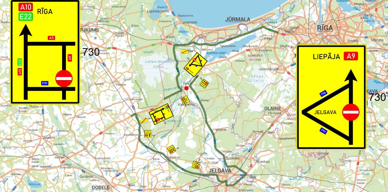 Ceļa zīmju shēma uz Rīgu (A10, E22) un Liepāju (A9) ar norādītu Jelgavas apvedceļu un remontu.