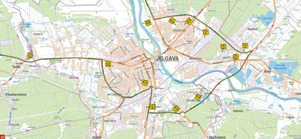 Jelgavas karte ar atzīmētiem apvedceļa maršrutiem un remontdarbu zonām.