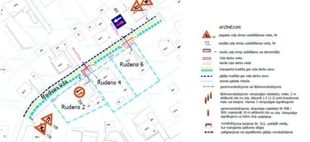 Rudens_iela_small Ceļa darbu shēma Rudens ielā pie Vasaras ielas: ceļa remontdarbu, apbraukšanas un braukšanas virziena zīmes, gājēju un transporta kustības norobežojumi.