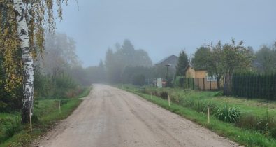 Burinu_cels Miglains meža ieskauts grants ceļš rudenī ar bērzu kreisajā pusē un privātmājām labajā malā.