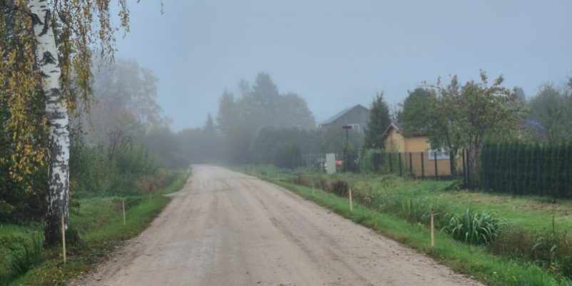 Miglains meža ieskauts grants ceļš rudenī ar bērzu kreisajā pusē un privātmājām labajā malā.