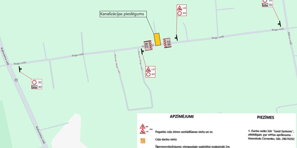 Satiksmes organizācijas shēma Rogu ceļā ar kanalizācijas pieslēguma darbu zonu, pagaidu ceļa zīmēm un leģendu apakšā.