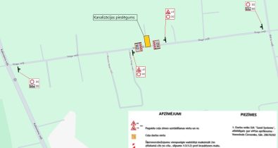 Rogu_cels Satiksmes organizācijas shēma Rogu ceļā ar kanalizācijas pieslēguma darbu zonu, pagaidu ceļa zīmēm un leģendu apakšā.