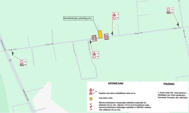 Rogu_cels Satiksmes organizācijas shēma Rogu ceļā ar kanalizācijas pieslēguma darbu zonu, pagaidu ceļa zīmēm un leģendu apakšā.