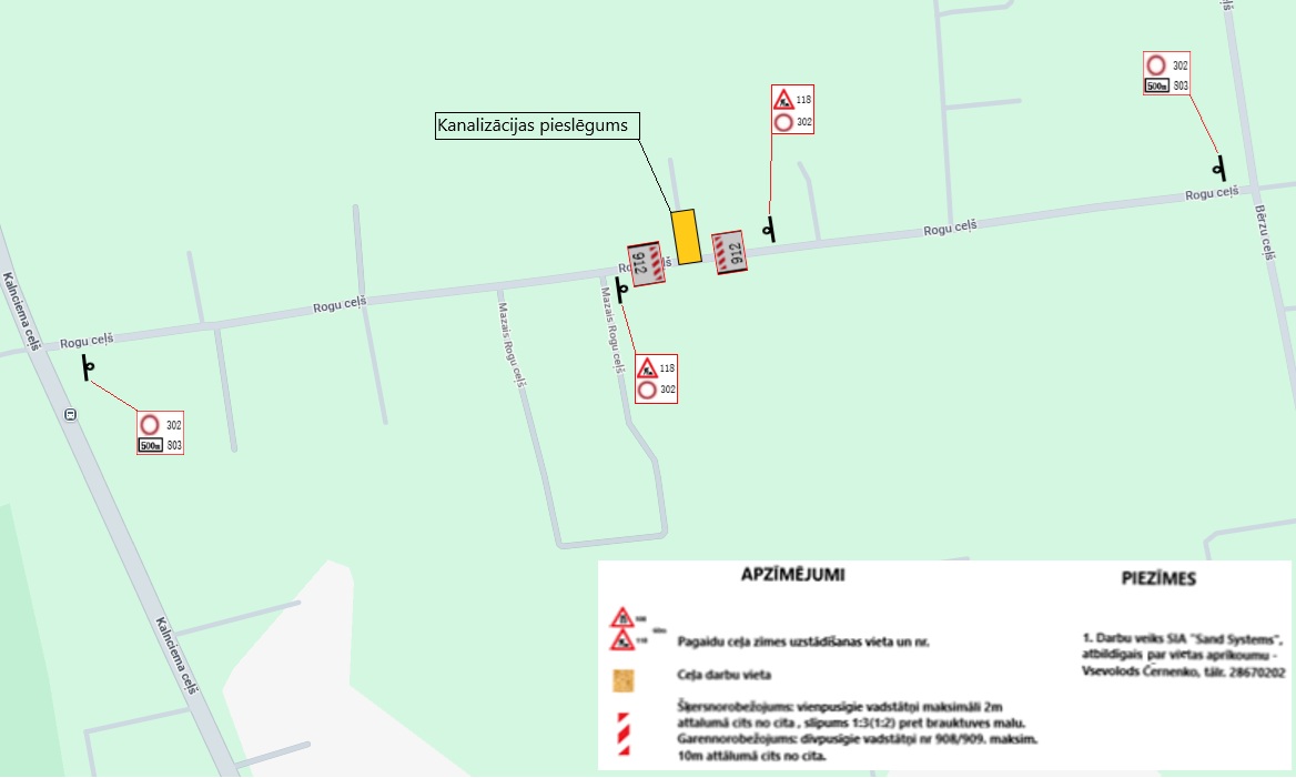 Satiksmes organizācijas shēma Rogu ceļā ar kanalizācijas pieslēguma darbu zonu, pagaidu ceļa zīmēm un leģendu apakšā.