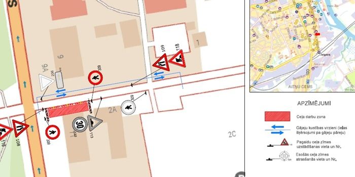 Satiksmes organizācijas shēma Sporta ielas un Zemgales prospekta krustojumā: ceļa darbu zona, ātruma ierobežojums 30 km/h, gājēju apvedceļš un pagaidu ceļa zīmes abos virzienos.