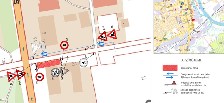 Satiksmes organizācijas shēma Sporta ielas un Zemgales prospekta krustojumā: ceļa darbu zona, ātruma ierobežojums 30 km/h, gājēju apvedceļš un pagaidu ceļa zīmes abos virzienos.