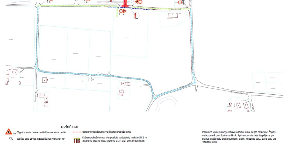 Satiksmes organizācijas shēma Žagaru ceļa posmā ar apbraucamajiem ceļiem, pagaidu zīmēm un gājēju kustības norādēm.