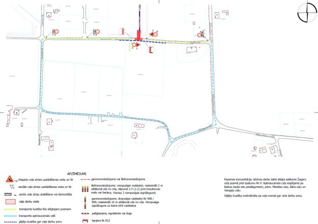 Žagaru cels Satiksmes organizācijas shēma Žagaru ceļa posmā ar apbraucamajiem ceļiem, pagaidu zīmēm un gājēju kustības norādēm.